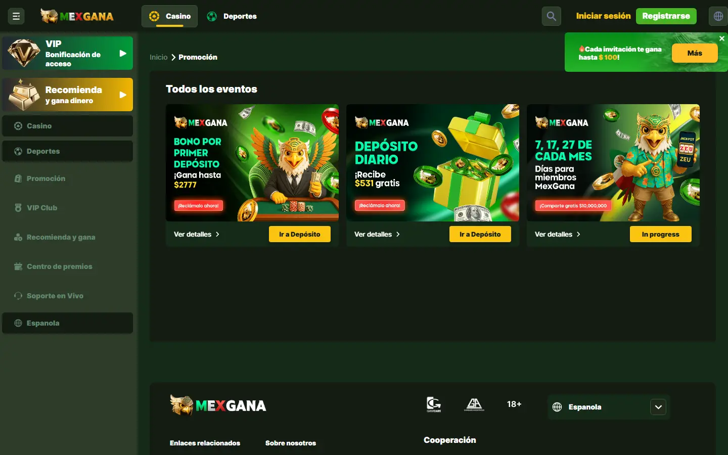 Pantalla de promociones de Mexgana