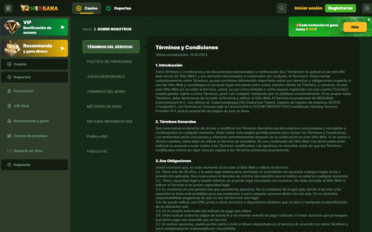 Términos y condiciones en la interfaz de Mexgana