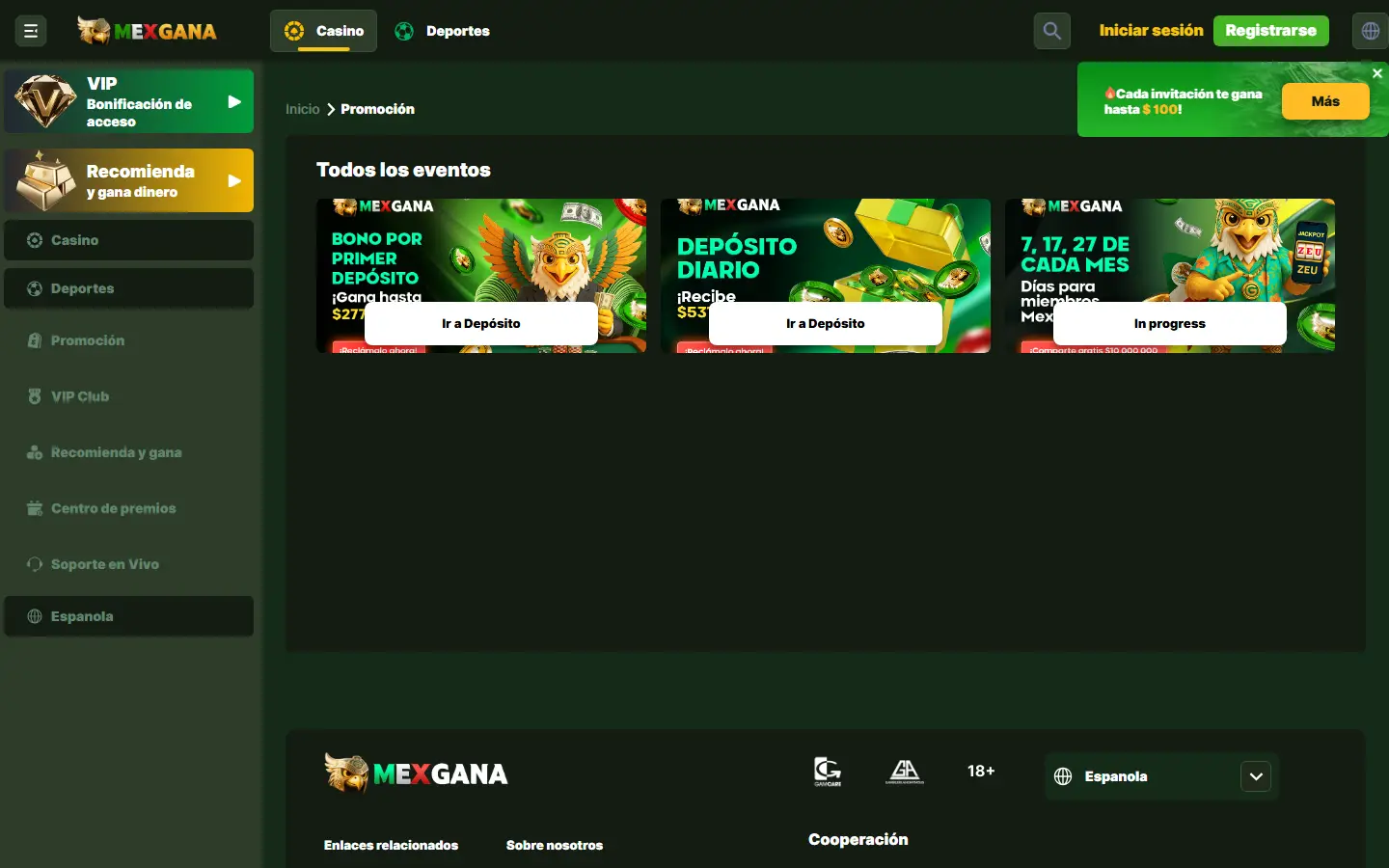 Sección de promociones de Mexgana